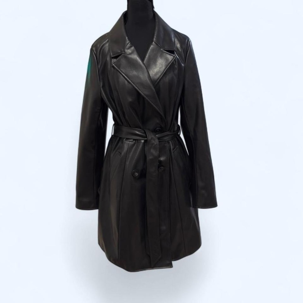 H&M Black Faux Leather Belted Trench Coat